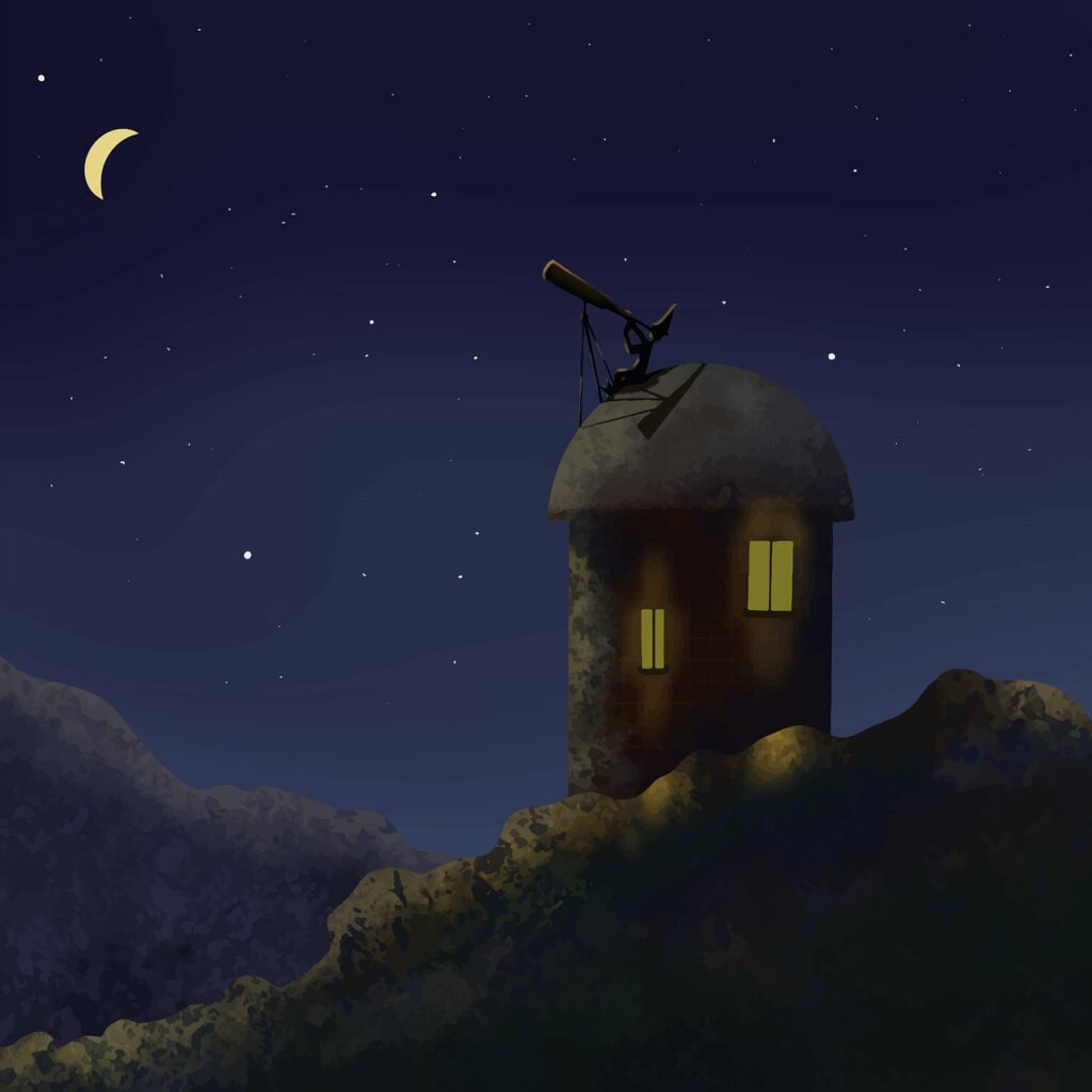 house, telescope, moon